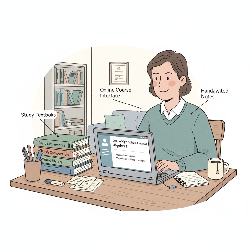 A low-income adult is sitting at a table, using a laptop to study an online high school course. There are some books and papers beside the laptop, indicating their study materials. A low-income adult studying an online high school course at home