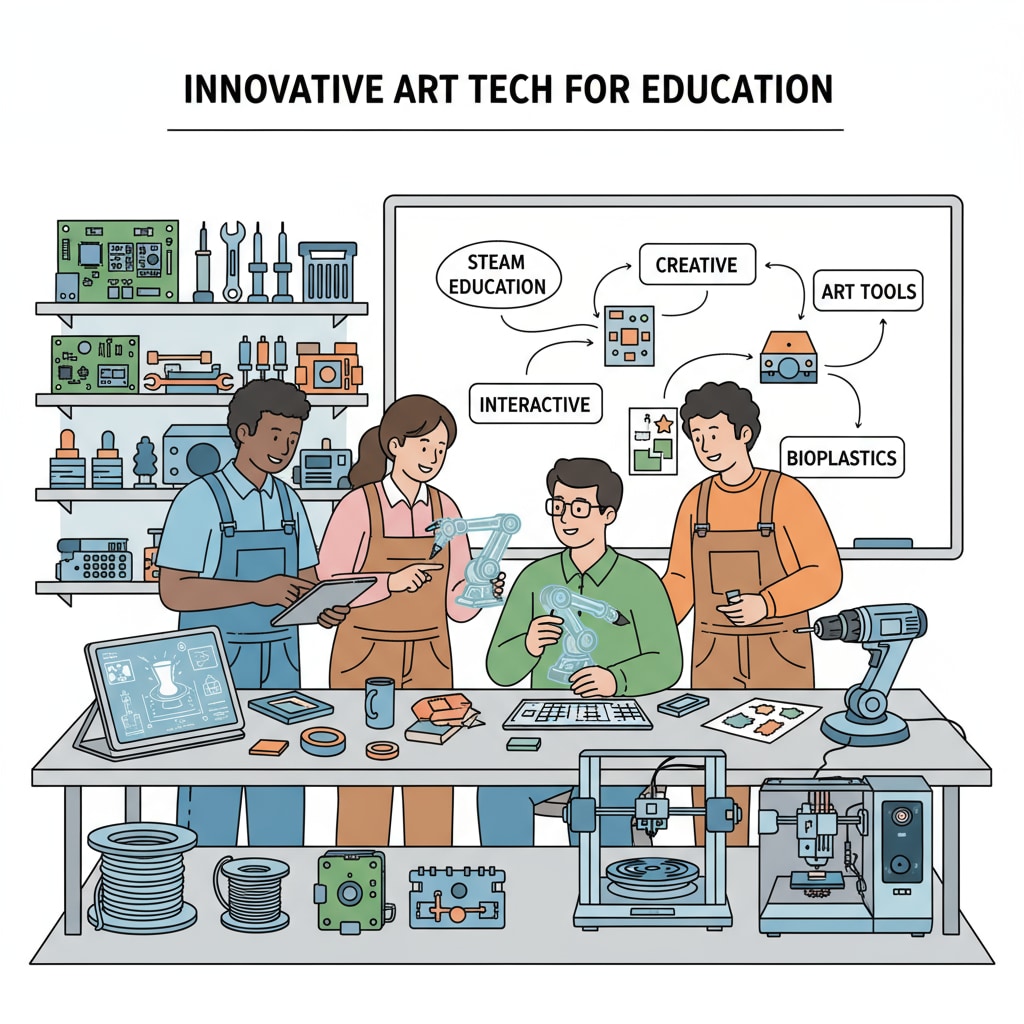 A group of technical team members are engaged in a discussion about art education equipment, with various tools and equipment in the background. District-level art education technical support team discussing equipment for art education and school performances
