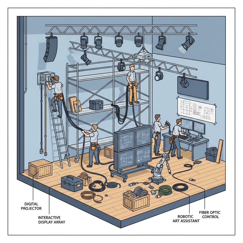 Technical team members are in the process of installing art education equipment in a school performance hall, with wires and equipment being set up. Technical team installing equipment for art education and school performances