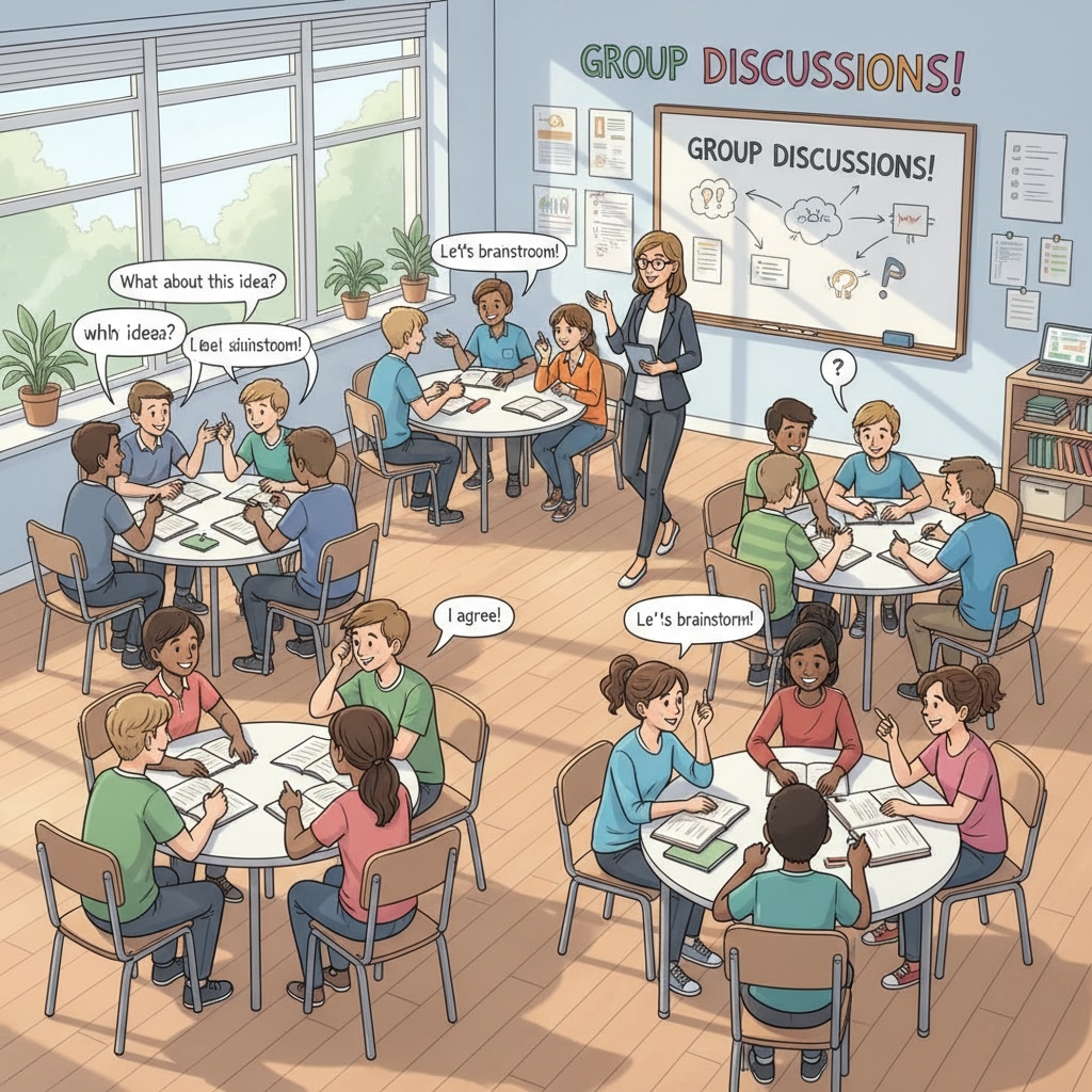 A classroom scene where students are actively engaged in group discussions instead of doing traditional homework Students engaged in group discussions as an alternative to traditional homework
