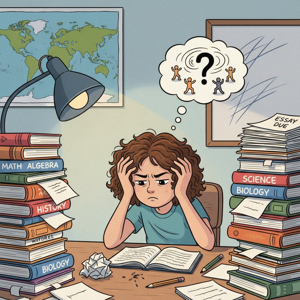 A student looking frustrated while surrounded by piles of homework A frustrated student surrounded by piles of homework highlighting student burnout