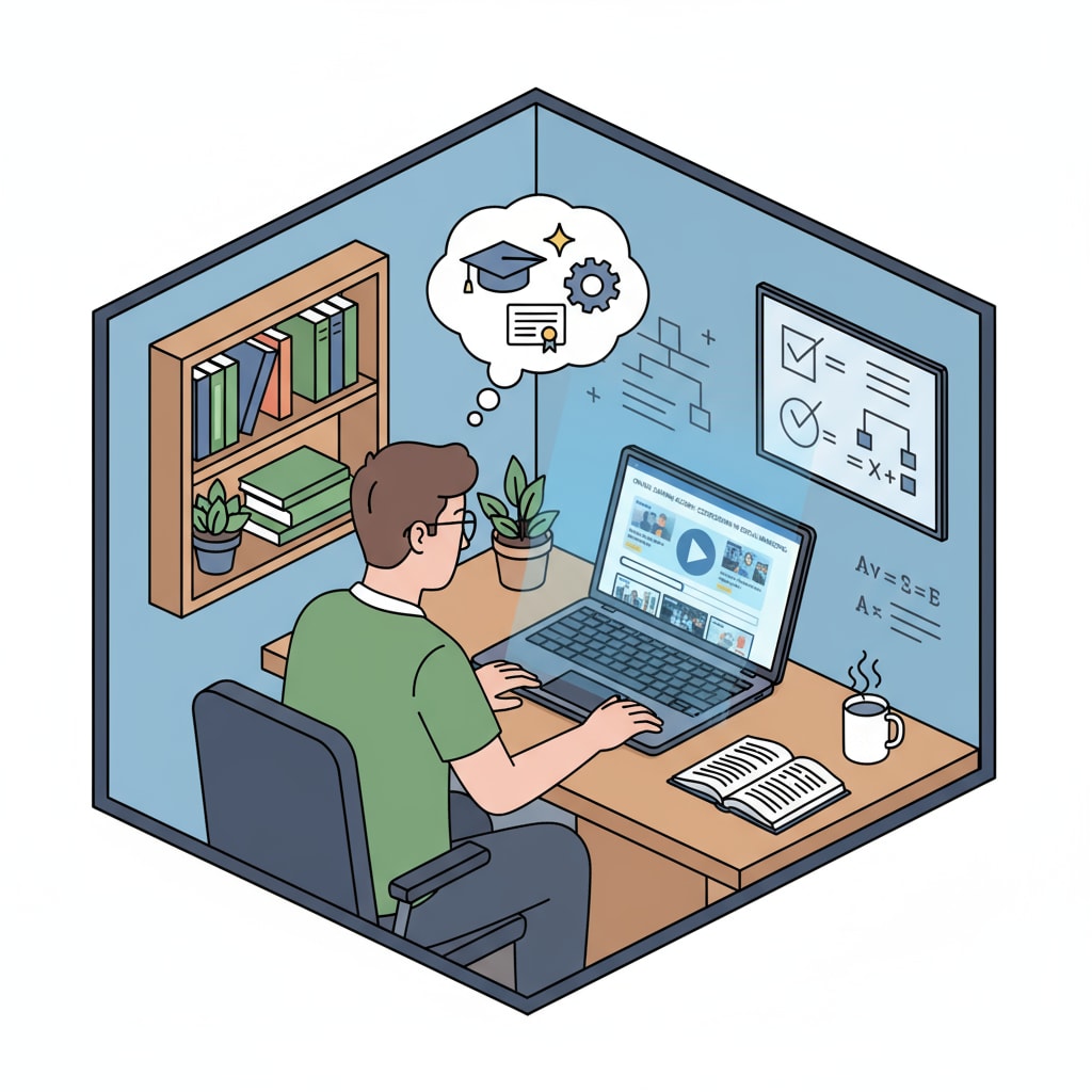 An adult engaged in online learning for education completion and degree acquisition.