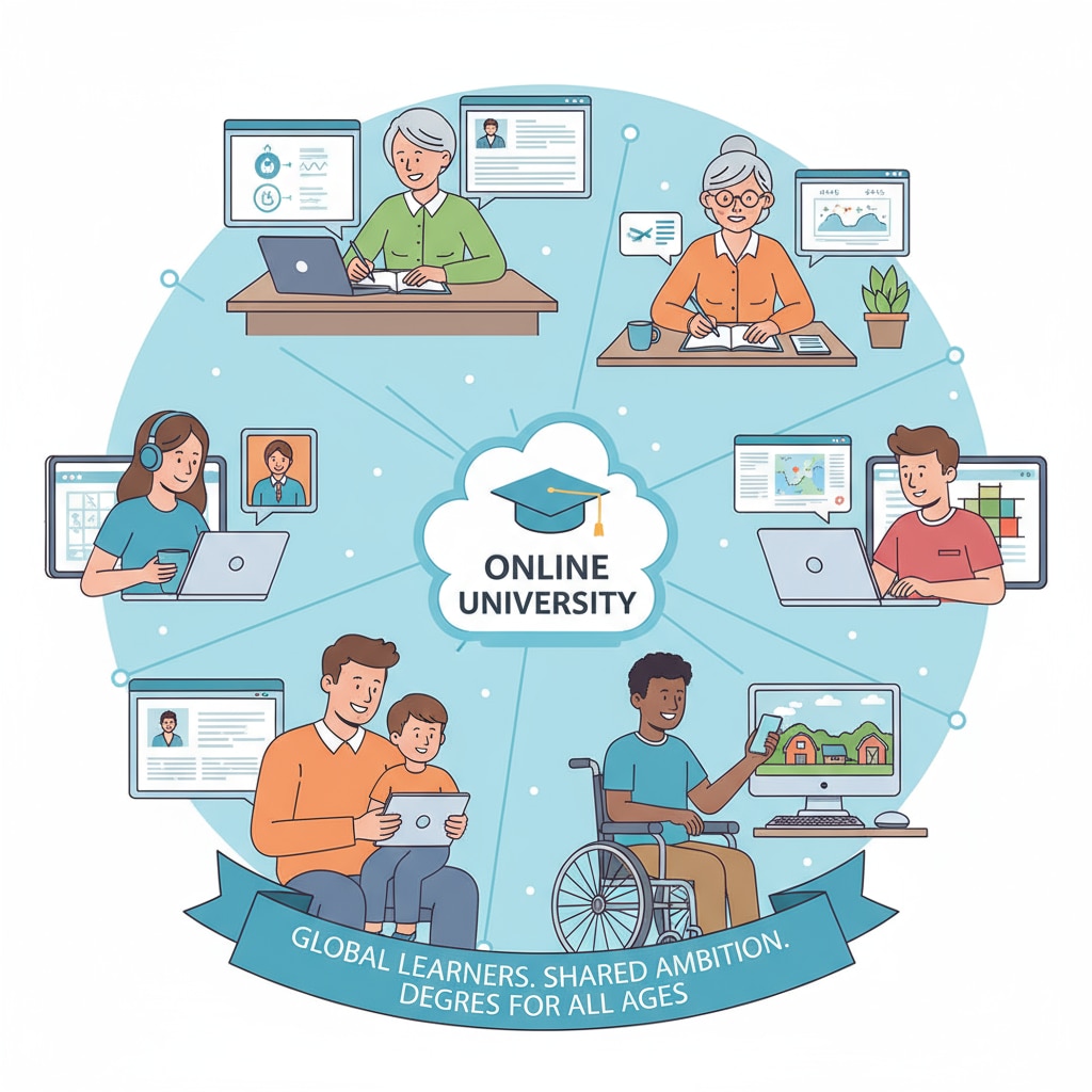 Diverse individuals participating in online learning for education completion and degree acquisition.