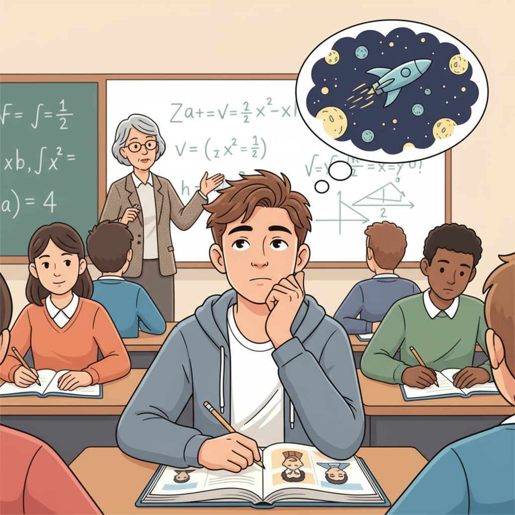 A student with attention deficit looking distracted during a lecture. A student showing signs of attention deficit while in a theoretical learning lecture, highlighting the challenges of attention deficit in theoretical learning.