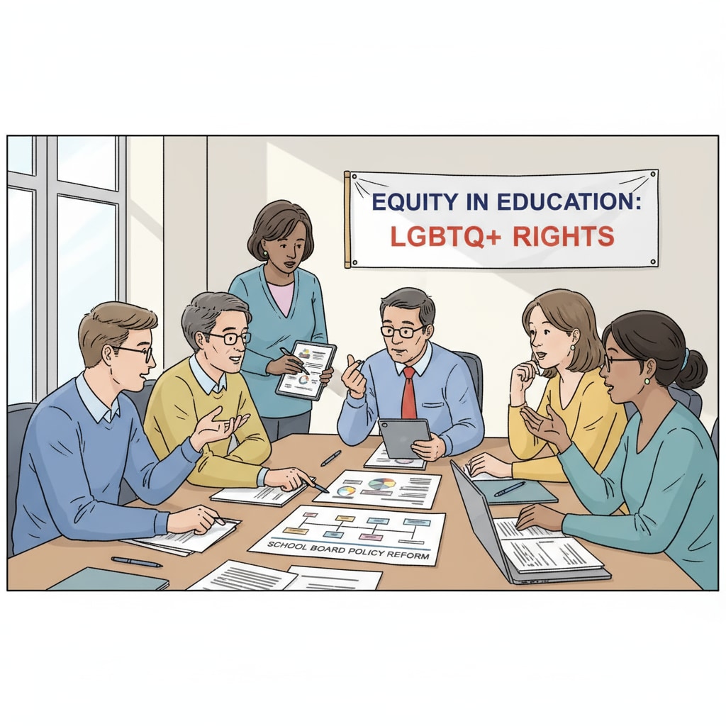 A group of LGBTQ+ activists are gathered around a table, engaged in a serious discussion about school board policies. They are looking at documents and sharing ideas. LGBTQ+ activists discussing school board matters