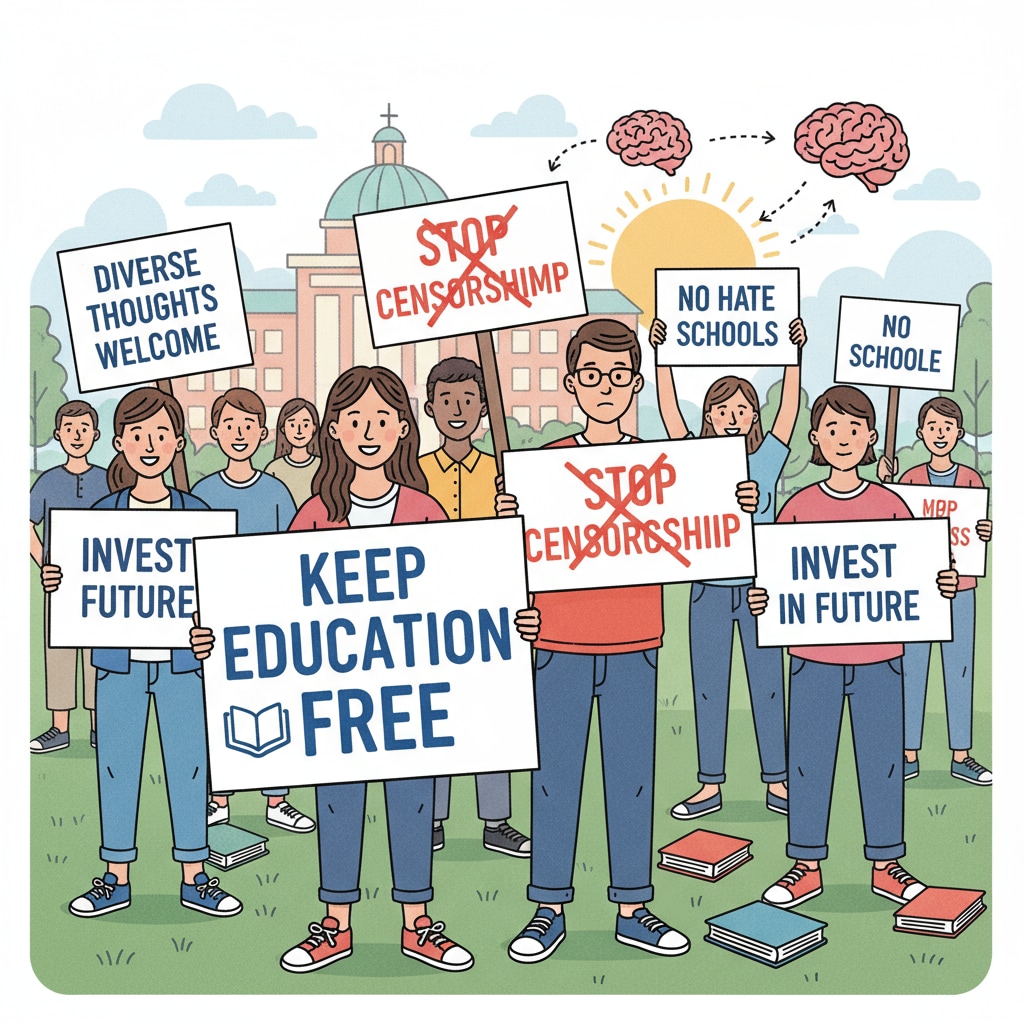 A group of people are holding signs in a protest against far-right education policies. The signs have messages like 'Keep education free' and 'Stop censorship'. Protest against far-right education policies