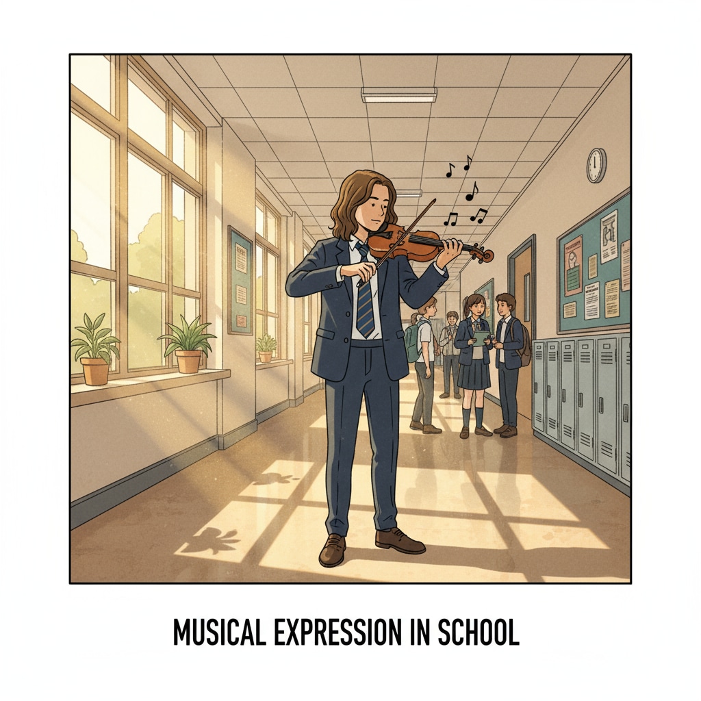 A student is playing a violin in a school corridor, with sunlight streaming in. A student playing a violin in a school corridor, which could potentially be mistaken for crying sounds.