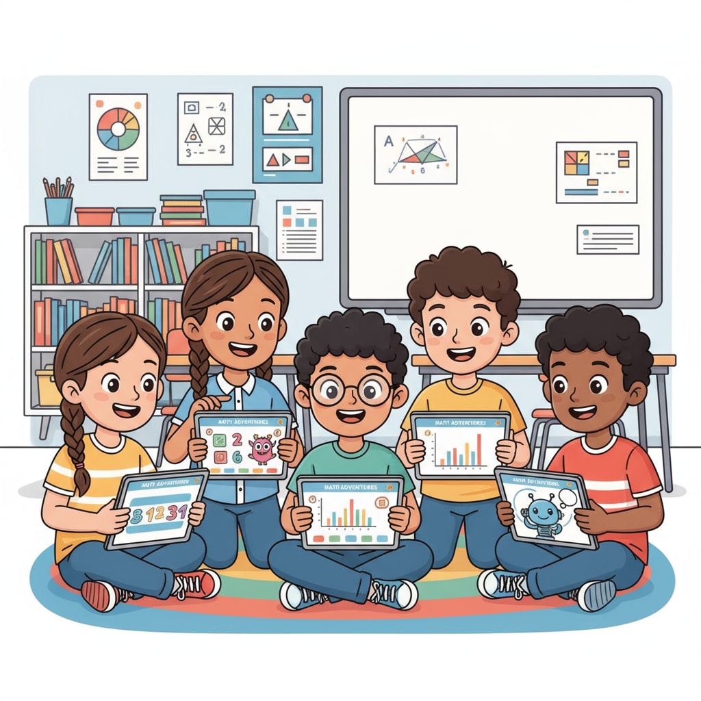 A group of 9-year-old children are gathered around tablets, smiling as they engage with educational software focused on math learning. Children learning math through educational programs