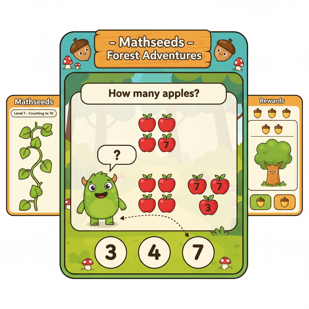 The screenshot shows the Mathseeds interface with bright colors and simple math exercises like counting objects. Mathseeds learning interface for basic math concepts