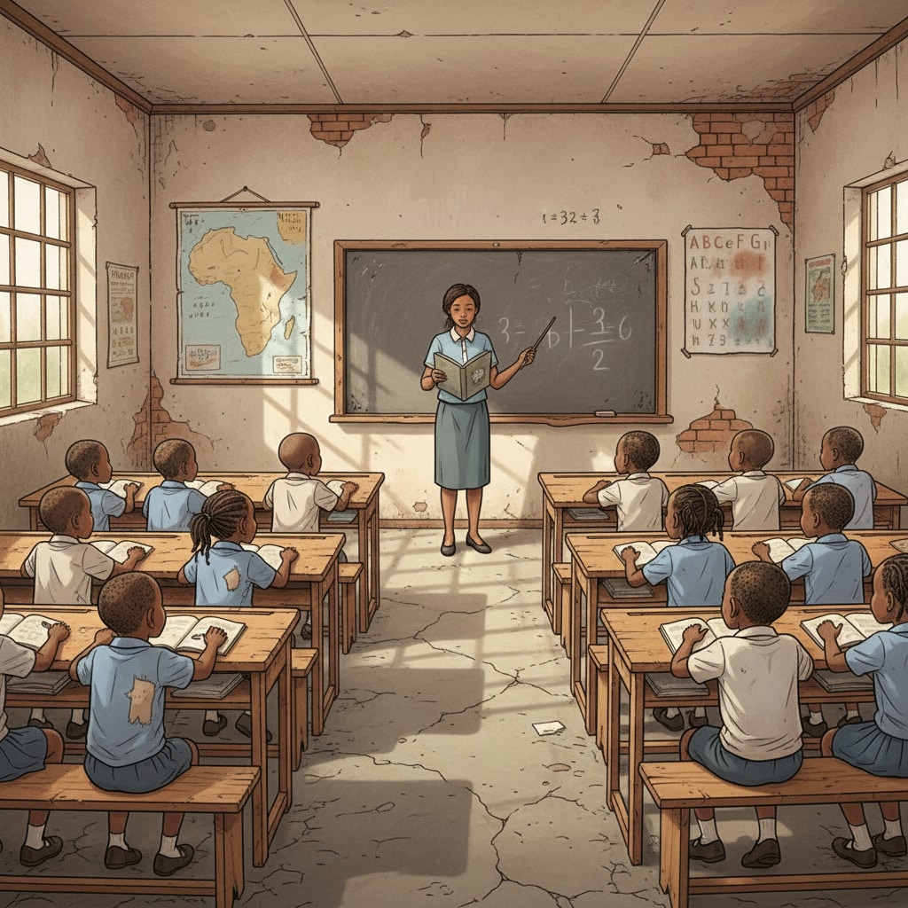 A classroom in a poor area of South Africa with limited resources, showing old desks and a lack of proper teaching aids. Education inequality in South Africa - A poorly equipped classroom