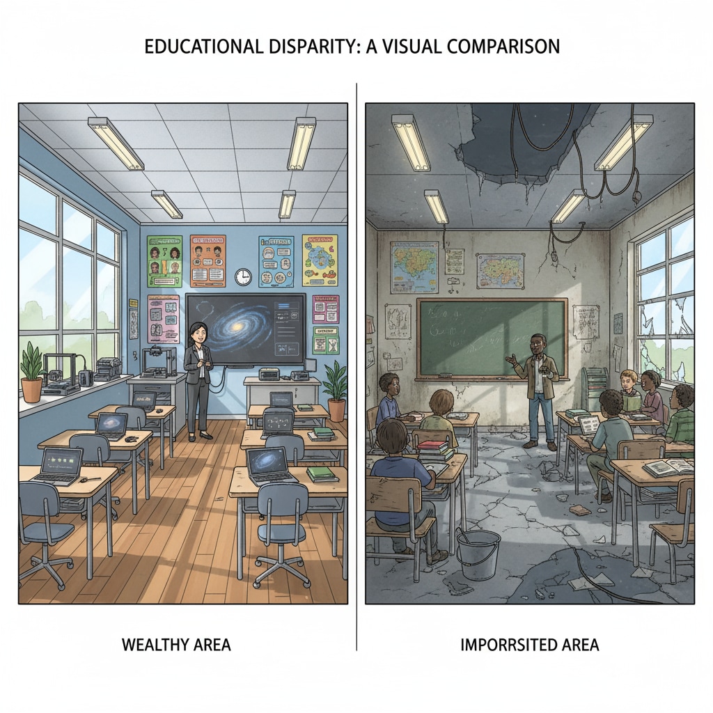 A side - by - side comparison of a modern, well - equipped classroom in a wealthy area and a dilapidated classroom in a poor area. Resource allocation disparities in South African education