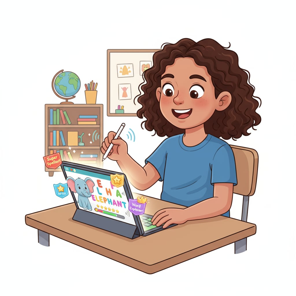 A child with ADHD is using a tablet application specifically designed for spelling learning. The app has colorful graphics and interactive elements to keep the child engaged. A child with ADHD using a spelling learning application on a tablet