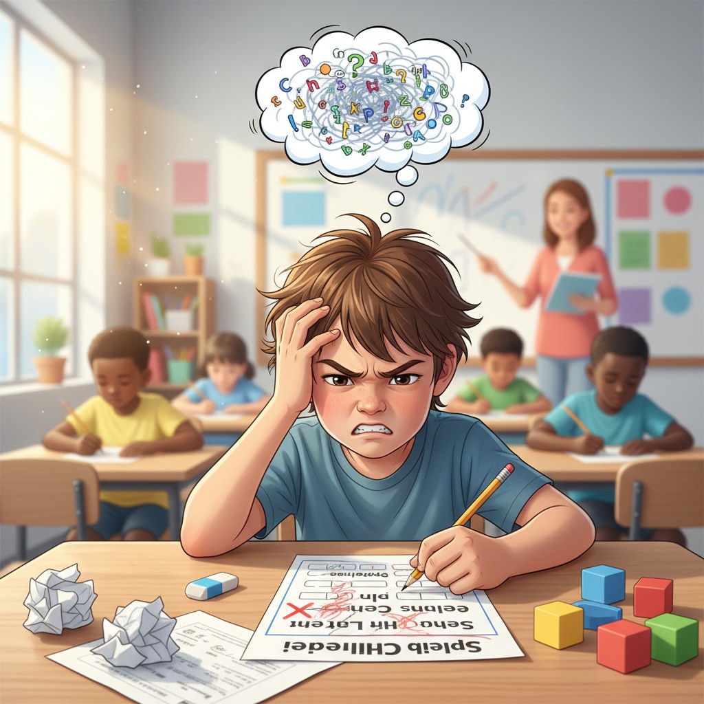 In a classroom, a child with ADHD is looking frustrated while trying to complete a spelling exercise on a worksheet. An ADHD child struggling with a spelling exercise in a classroom