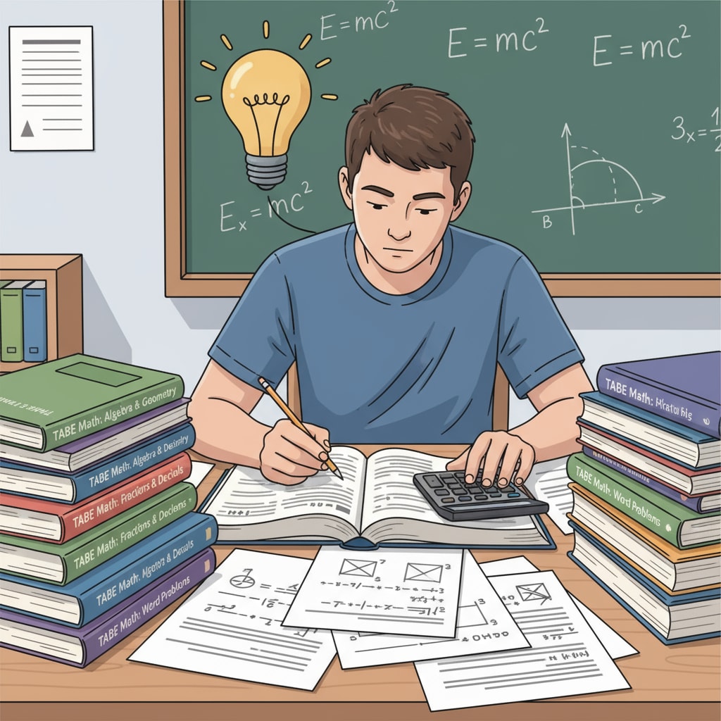 A student is sitting at a desk, surrounded by TABE math study books and papers, concentrating on learning. A student studying TABE math materials at a desk for the Firefighter EMT course