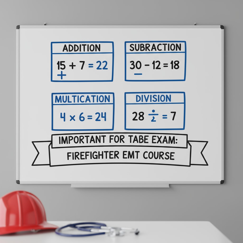 A simple diagram on a whiteboard shows basic math operations like addition, subtraction, multiplication, and division, which are important for the TABE exam relevant to the Firefighter EMT course. A diagram showing basic math operations relevant to TABE for Firefighter EMT course