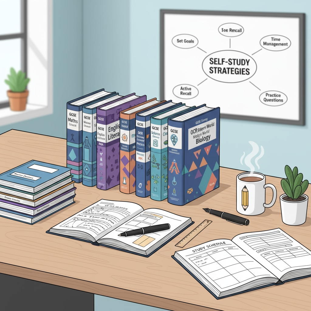 A student is studying at a desk with GCSE textbooks neatly arranged, showing the practical aspect of self-study for GCSE. Student engaged in self-study for GCSE subjects