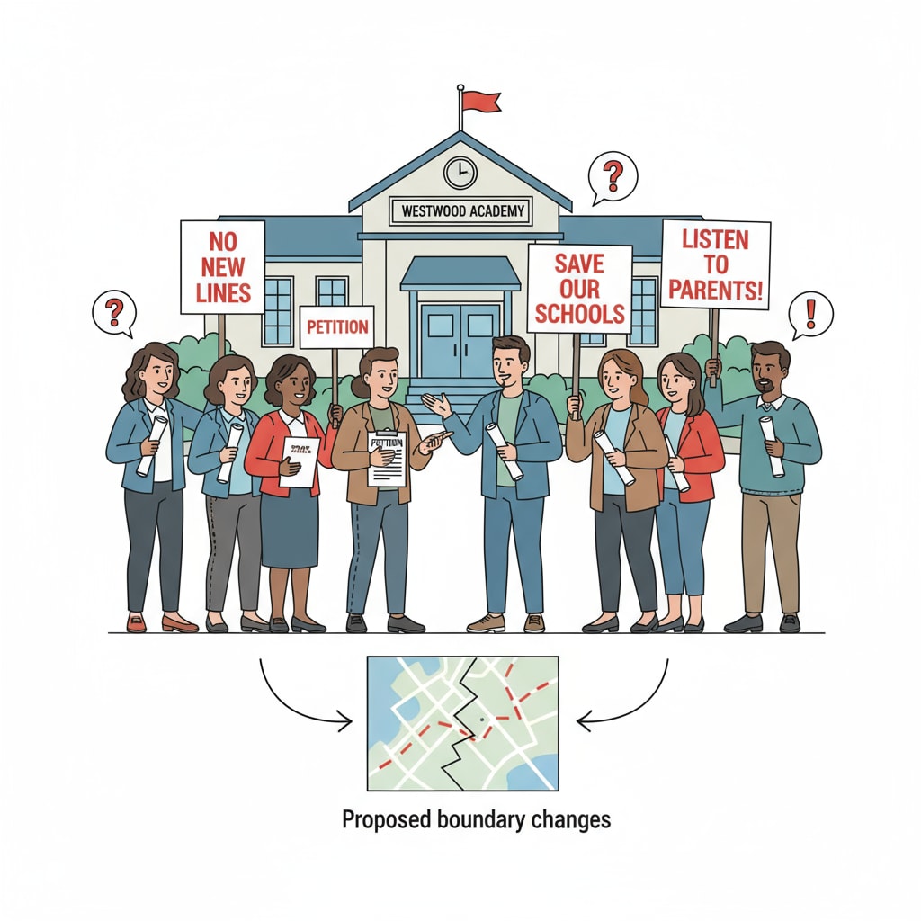 A group of parents gather together, holding signs with slogans related to opposing the school district boundary redrawing and expressing their demands through the petition. Parents participating in a petition activity against school district boundary redrawing