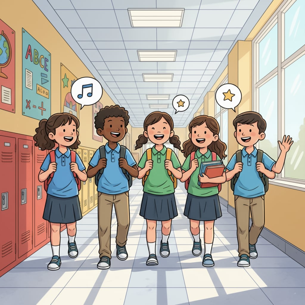 A group of children walking happily in a school corridor, symbolizing a positive school environment. Children in a positive school environment related to school directory privacy and child emotional protection