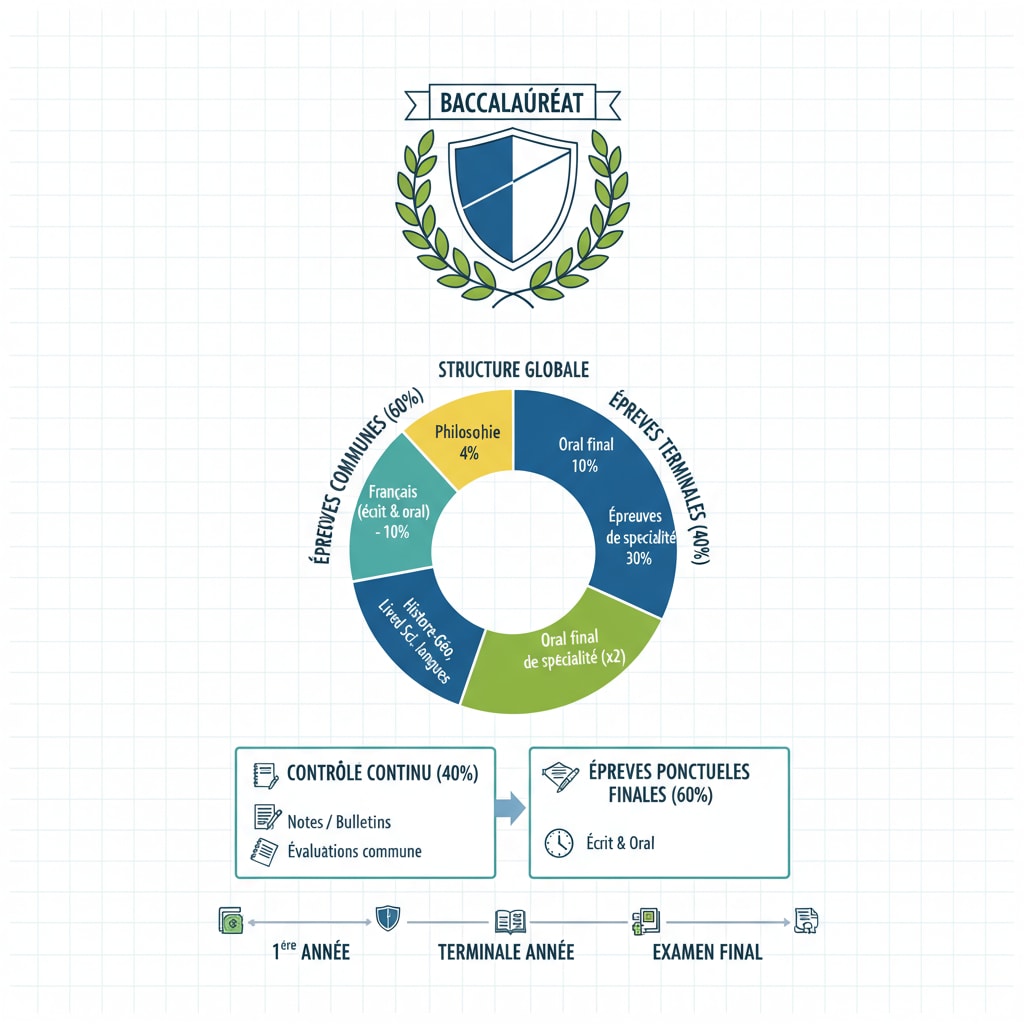 A diagram presenting the various components and sections of the baccalauréat examination. Diagram of baccalauréat exam sections for better understanding of exam structure related to baccalauréat preparation and time management.