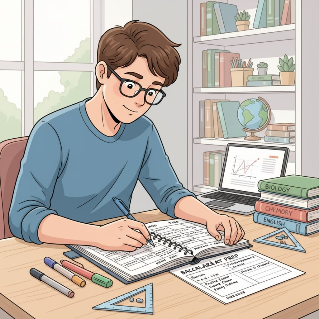 A picture showing a student carefully writing in a planner, marking study times for different subjects including baccalauréat preparation. Student using a planner for effective time management in baccalauréat preparation and high school studies.