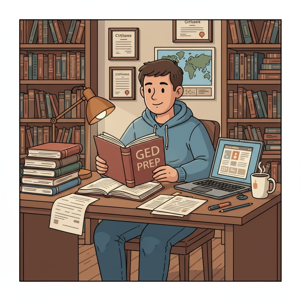 A person sitting at a desk at home, surrounded by books and papers while studying for the GED test. Person studying for GED test at home, relevant to diplomas, GED, high school education, and educational choices