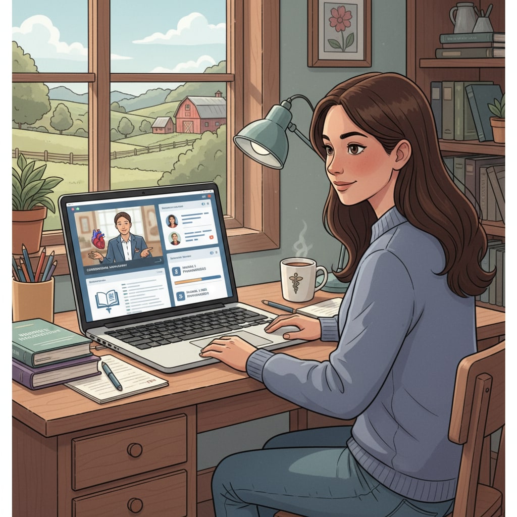 An illustration depicting a rural student sitting at a desk, studying nursing courses on a laptop with various online learning interfaces shown on the screen. A rural student studying online nursing courses without the need for ACT/SAT scores.
