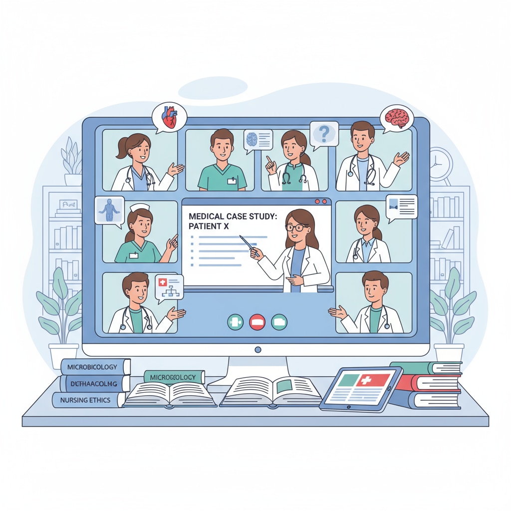 A virtual classroom scene with nursing students interacting via video conferencing, discussing medical cases, and sharing knowledge. Nursing students participating in an online class in a program that doesn't require ACT/SAT scores.