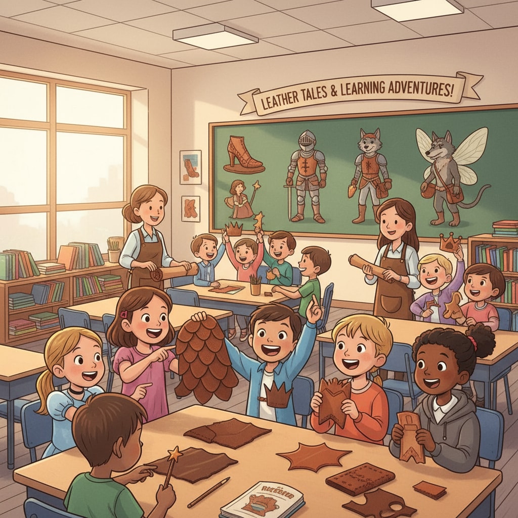 A classroom scene where children are excited about leather materials, with fairy tale character pictures on the wall, indicating the combination of leather education and fairy tales in children's learning. Children in a classroom engaged in leather education inspired by fairy tales