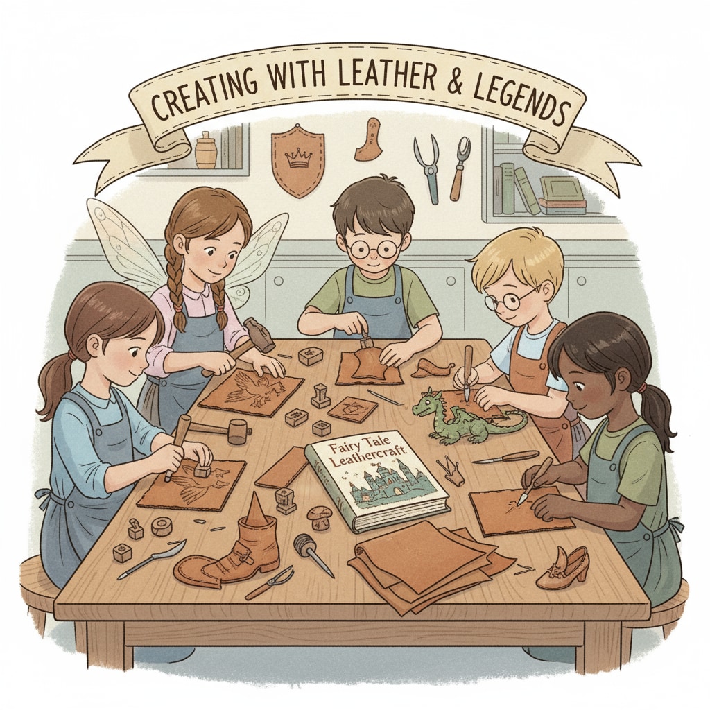 Children around a table, using leather tools to create items based on fairy tale inspiration, showing the practical aspect of the blend of leather education and fairy tales in children's learning. Children creating leather items inspired by fairy tales in a learning setting