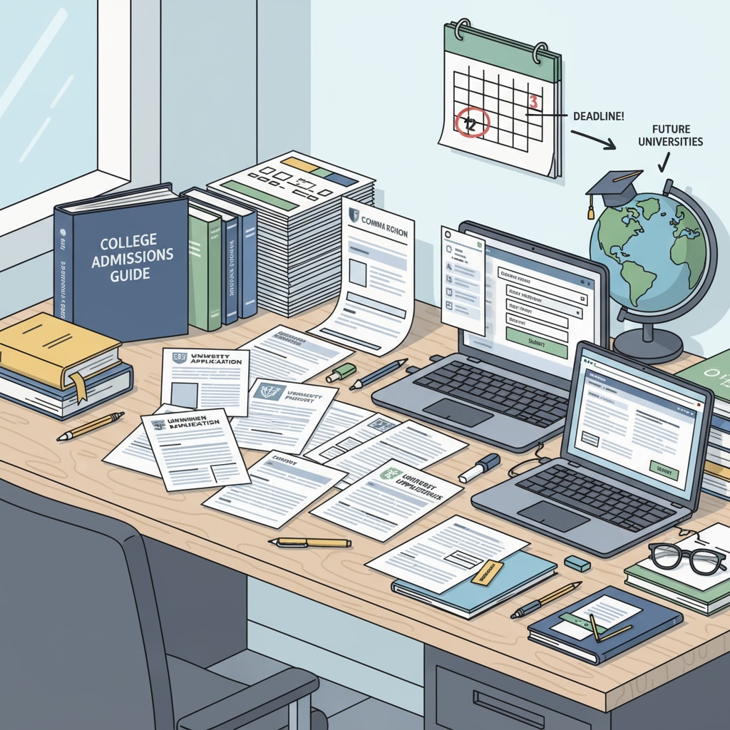 An office setting with application forms scattered on the desk, representing the college admissions process. College admissions office with application forms related to GED and four - year college admissions