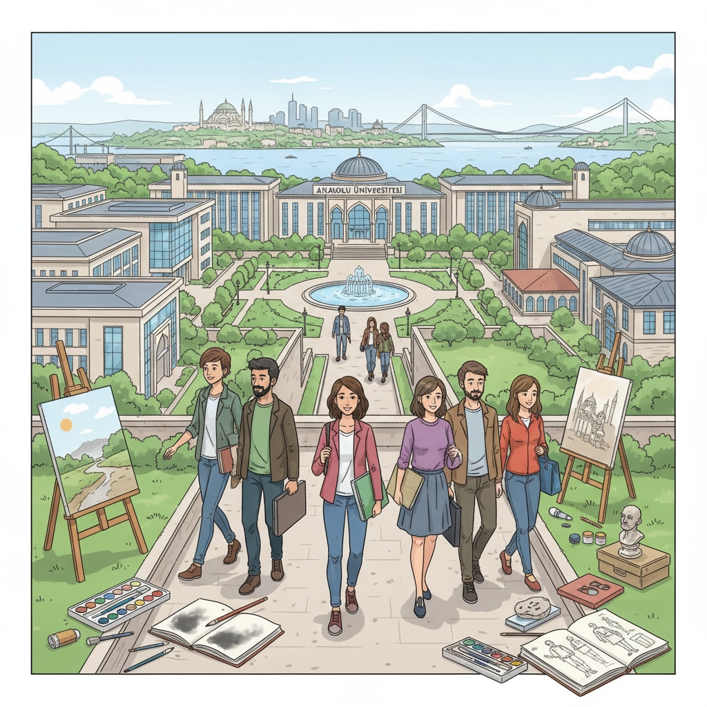 The campus scene shows a large, modern university campus in Turkey. Students from different ethnic backgrounds are walking, chatting, and carrying art supplies, indicating a diverse international student body. A diverse international student body on a Turkish university campus related to Turkish study abroad, English - taught programs, and international student applications