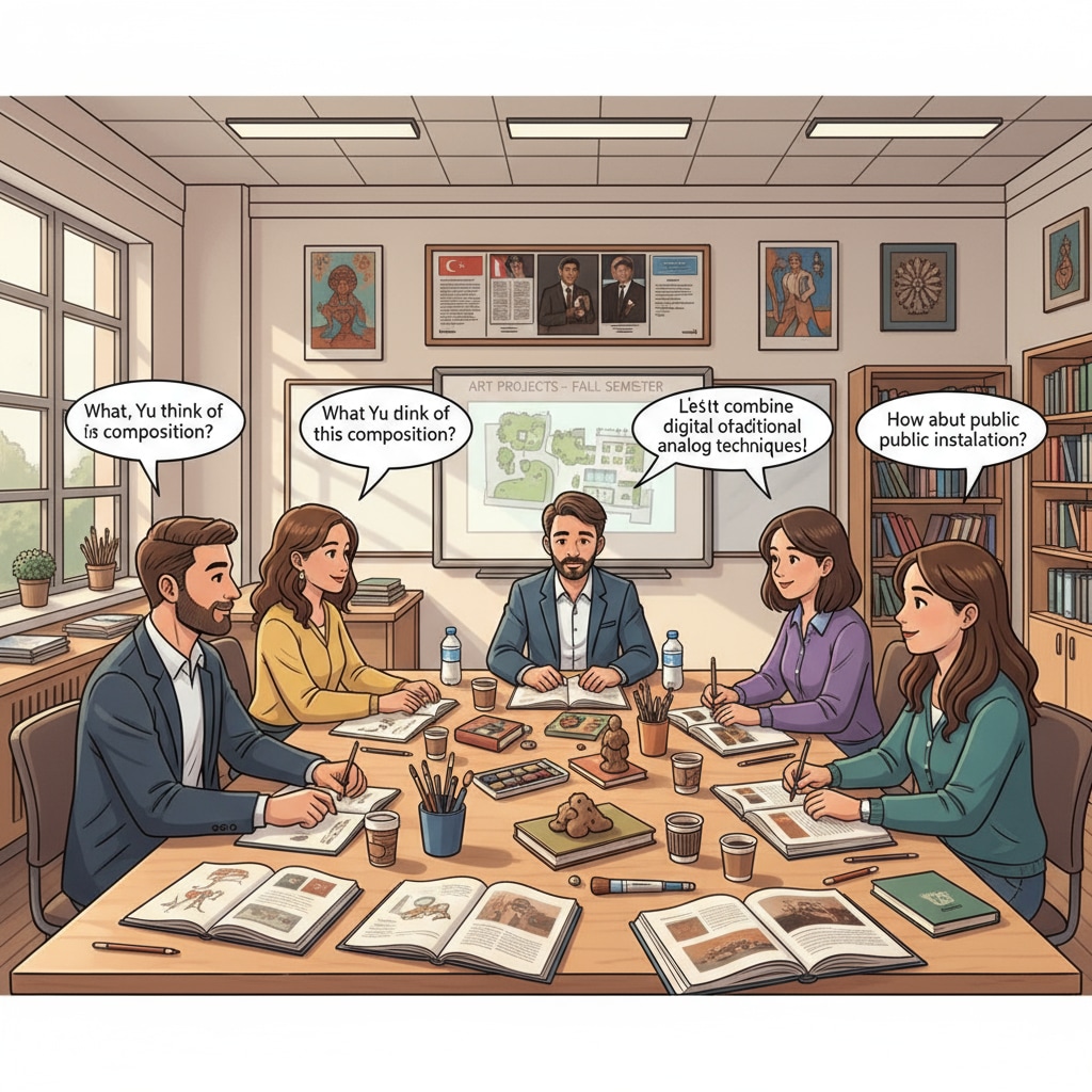 The classroom scene depicts a bright, well - equipped classroom in a Turkish university. Students are sitting around a large table, discussing art projects, with artworks and books on the table. They are communicating in English. English - speaking students discussing art projects in a Turkish university classroom for Turkish study abroad, English - taught programs, and international student applications
