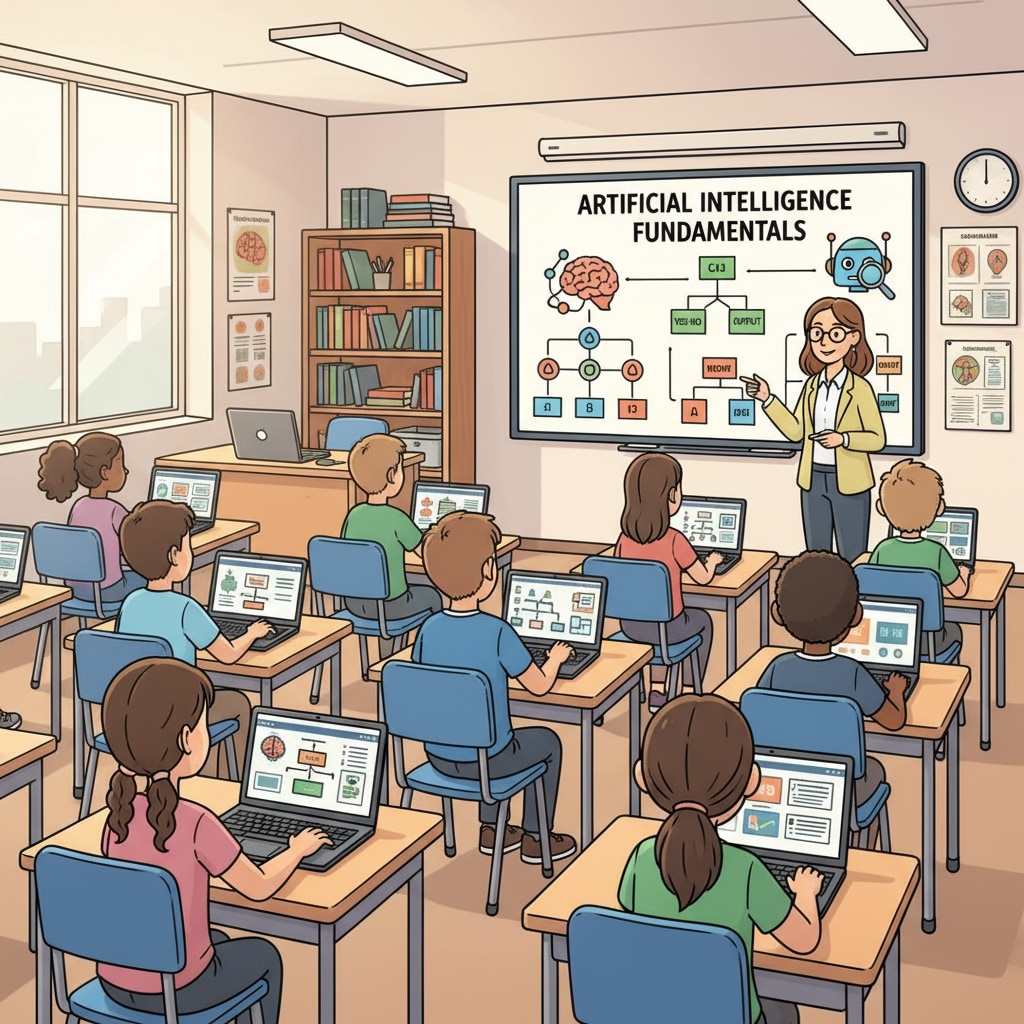 A classroom scene where students are using computers to learn about AI, with AI-related diagrams on the whiteboard. Students learning about AI courses, prompt engineering, and educational development in a classroom