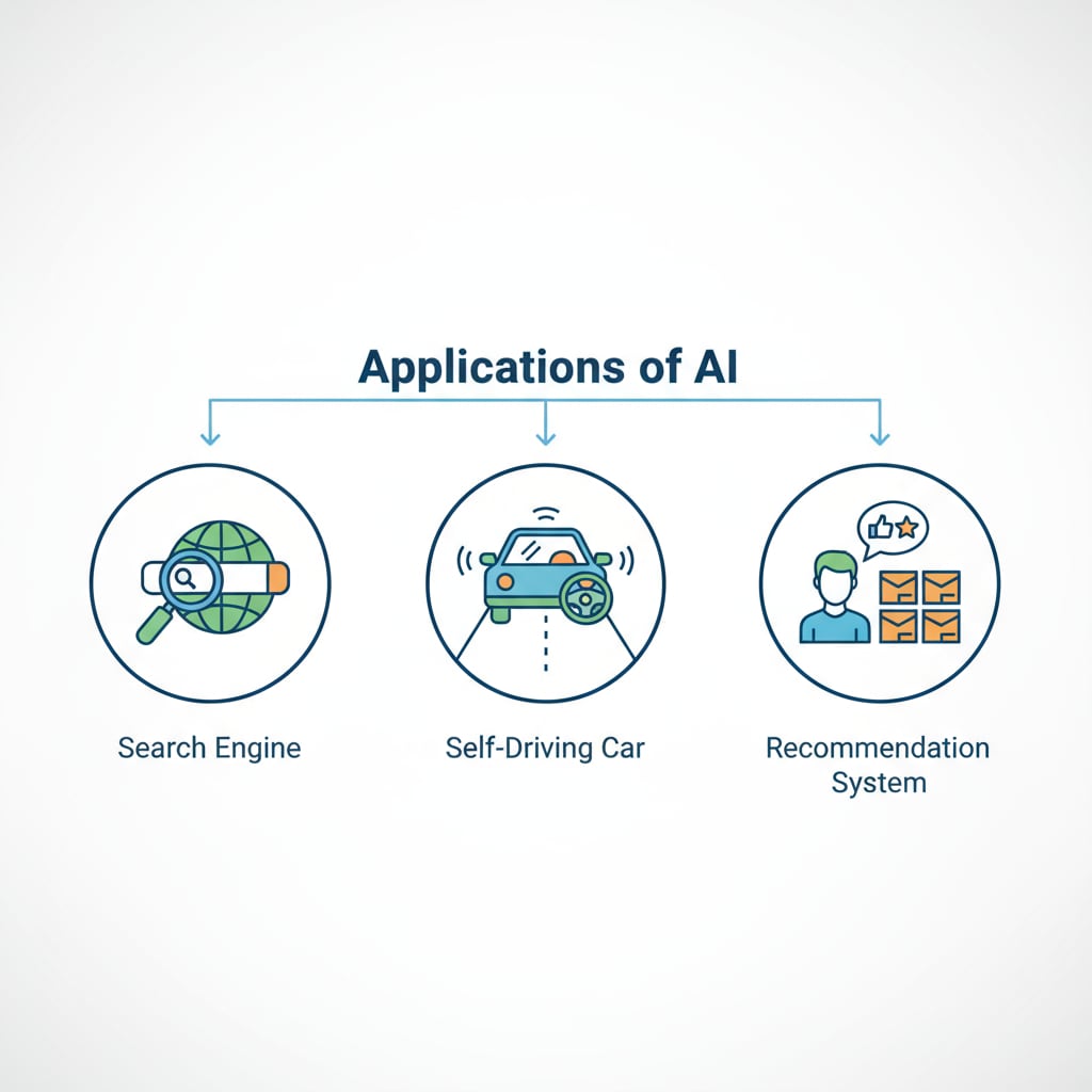 An illustration with icons representing different applications of AI, such as a search engine, a self-driving car, and a recommendation system. Illustration showing various applications related to AI courses, prompt engineering, and educational development