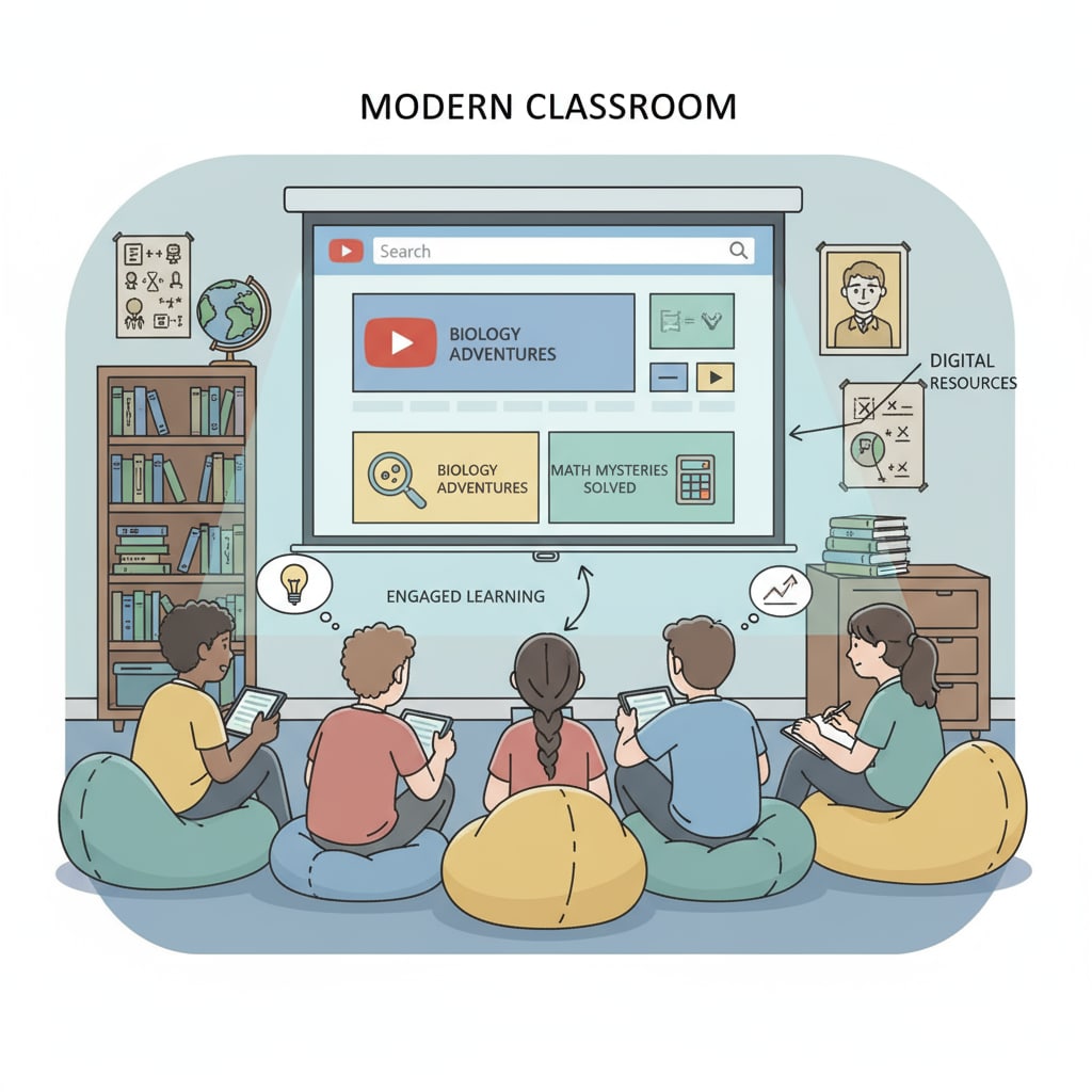 A group of students are sitting in front of a screen, watching educational videos on YouTube, showing their focus and interest in learning. Students watching YouTube educational videos related to subject teaching by recommended teachers