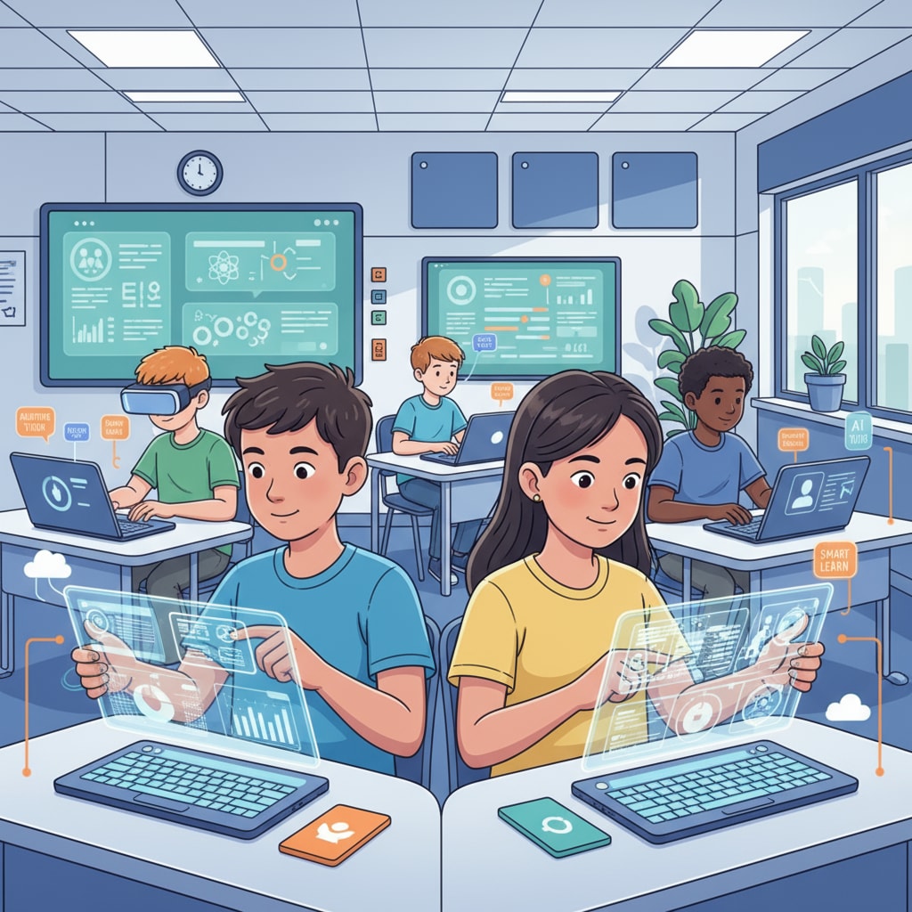 AI education in a K12 classroom with students using online courses via learning devices for a lifetime of learning.