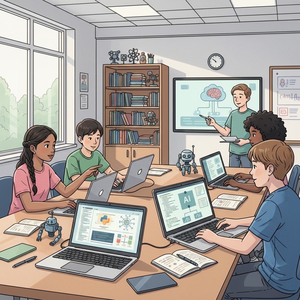 Students collaborating on an AI project as part of their AI education journey with the help of online courses and lifetime membership benefits.