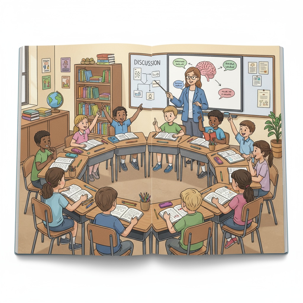 Students in a public school classroom, actively participating in a discussion. The teacher is standing at the front, guiding the conversation. There are books and notebooks on the desks. Students in a public school classroom during a visit for educational choice assessment.