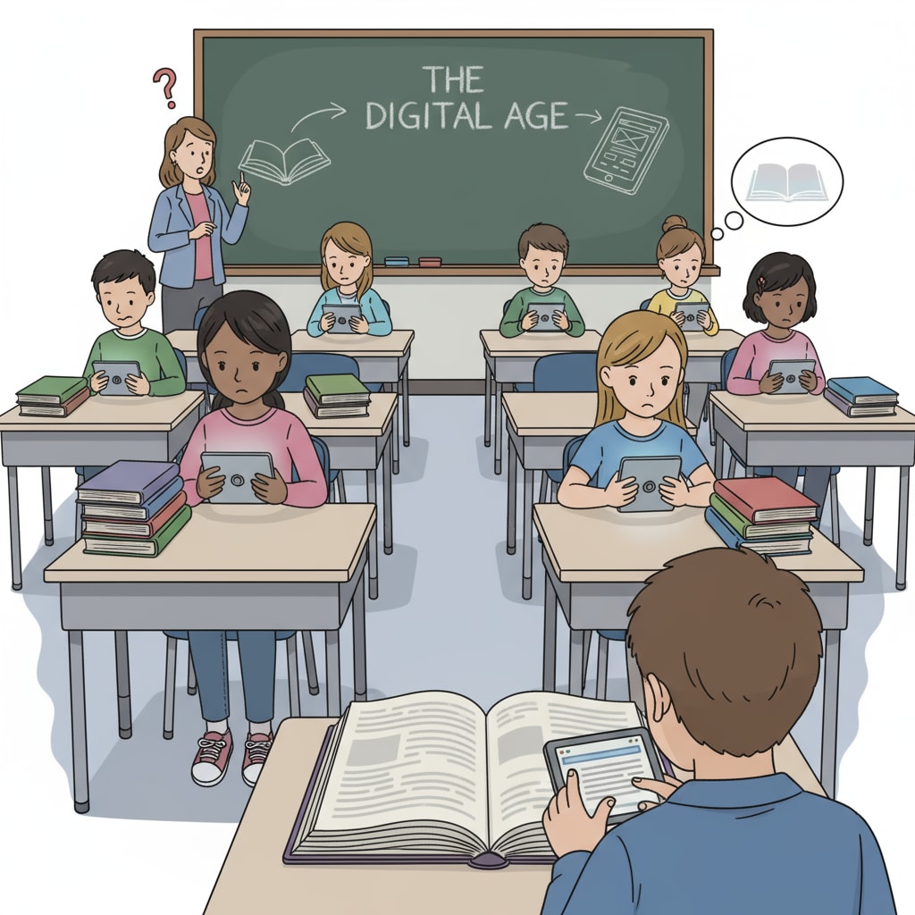 A classroom scene where high school students are looking at their digital devices instead of reading books, showing the shift away from traditional reading. High school students' reading habits in the digital age and its relation to cultural literacy and democracy