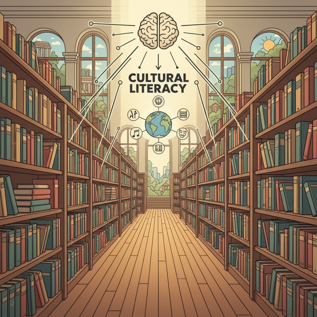 A library with rows of bookshelves filled with books, symbolizing the source of knowledge for cultivating cultural literacy. The importance of reading in a library for enhancing cultural literacy and its impact on democracy