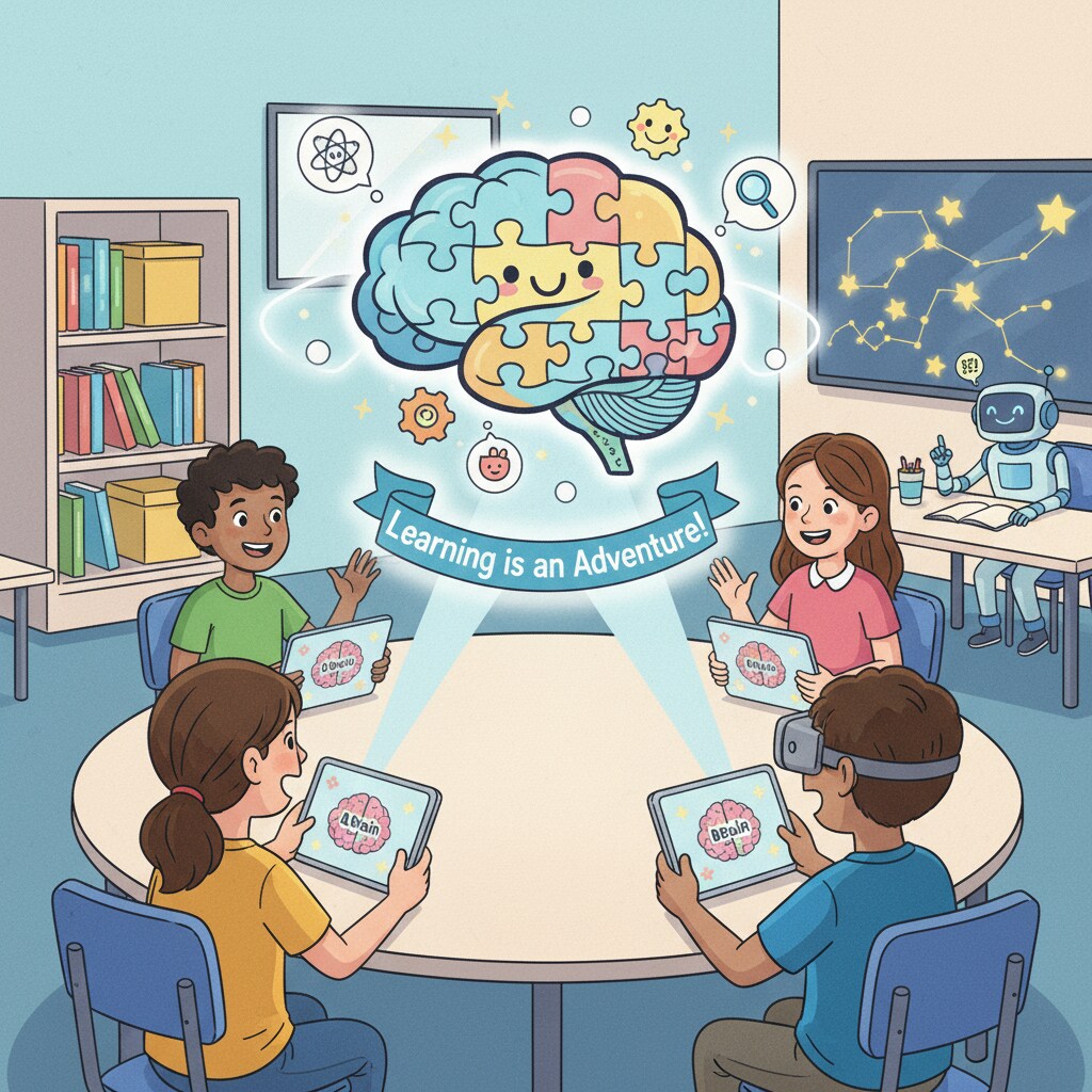 An illustration depicting students using digital devices to access AI Brain Bites and learn in a fun way. Students using AI Brain Bites as a learning tool.