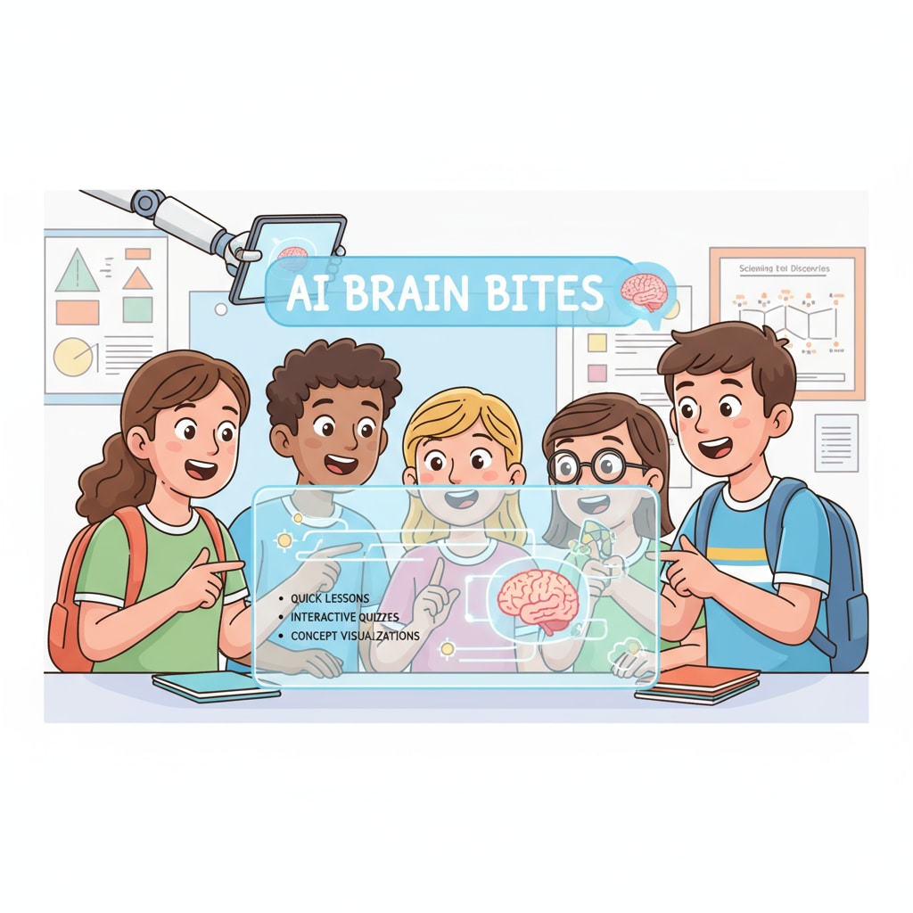 A visual representation of students gathered around a screen, showing enthusiasm while learning from AI Brain Bites. Students excited about learning with AI Brain Bites.