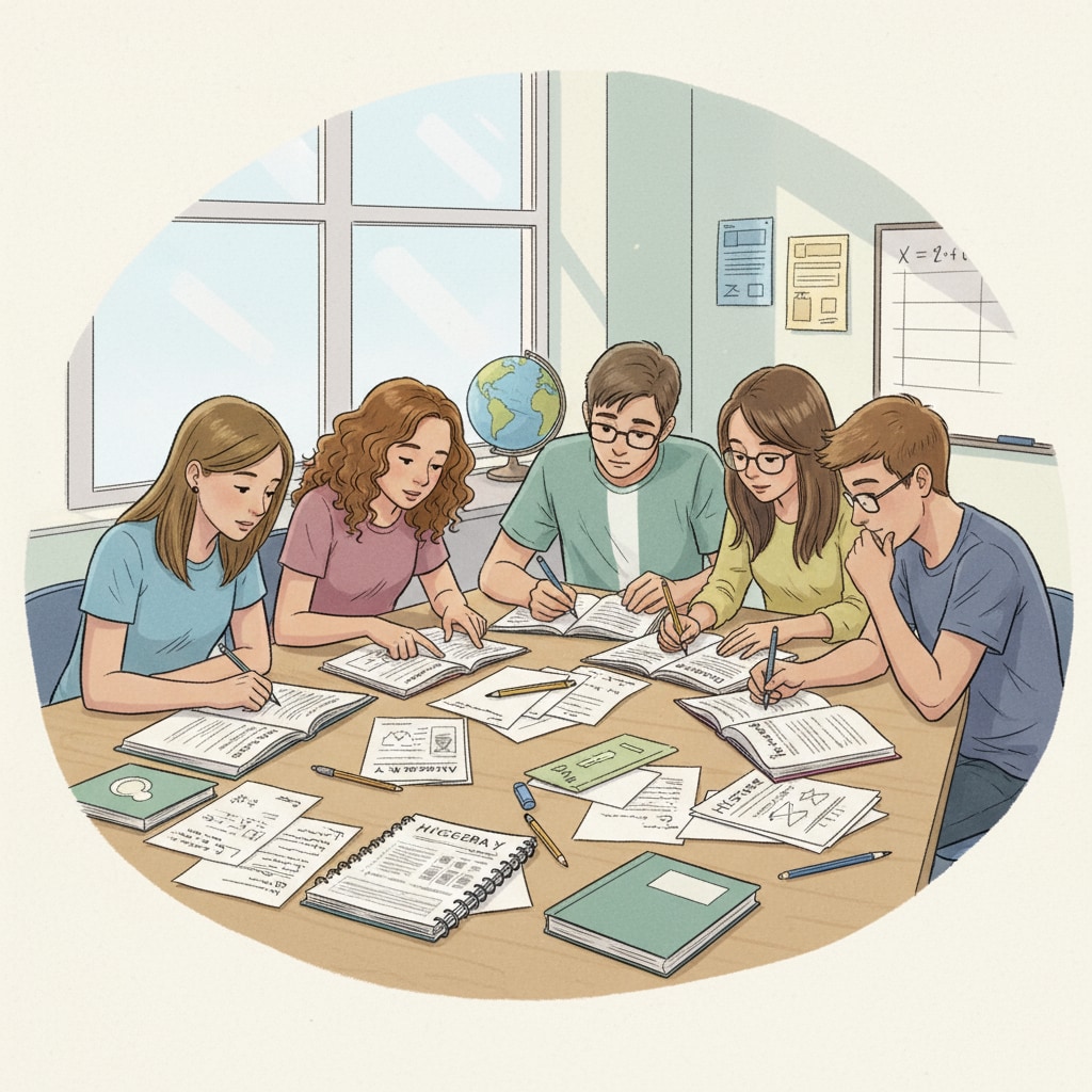 A group of high school students are gathered around a table, studying review workbooks together, showing their concentration on learning. High school students studying review workbooks related to basic knowledge including algebra