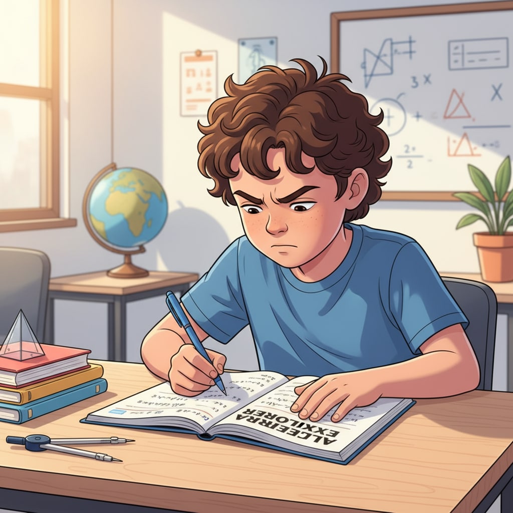 A student is sitting at a desk, intently solving algebra problems from a workbook, with a pen in hand and a focused expression on the face. A student solving algebra problems from a review workbook for high school basic knowledge