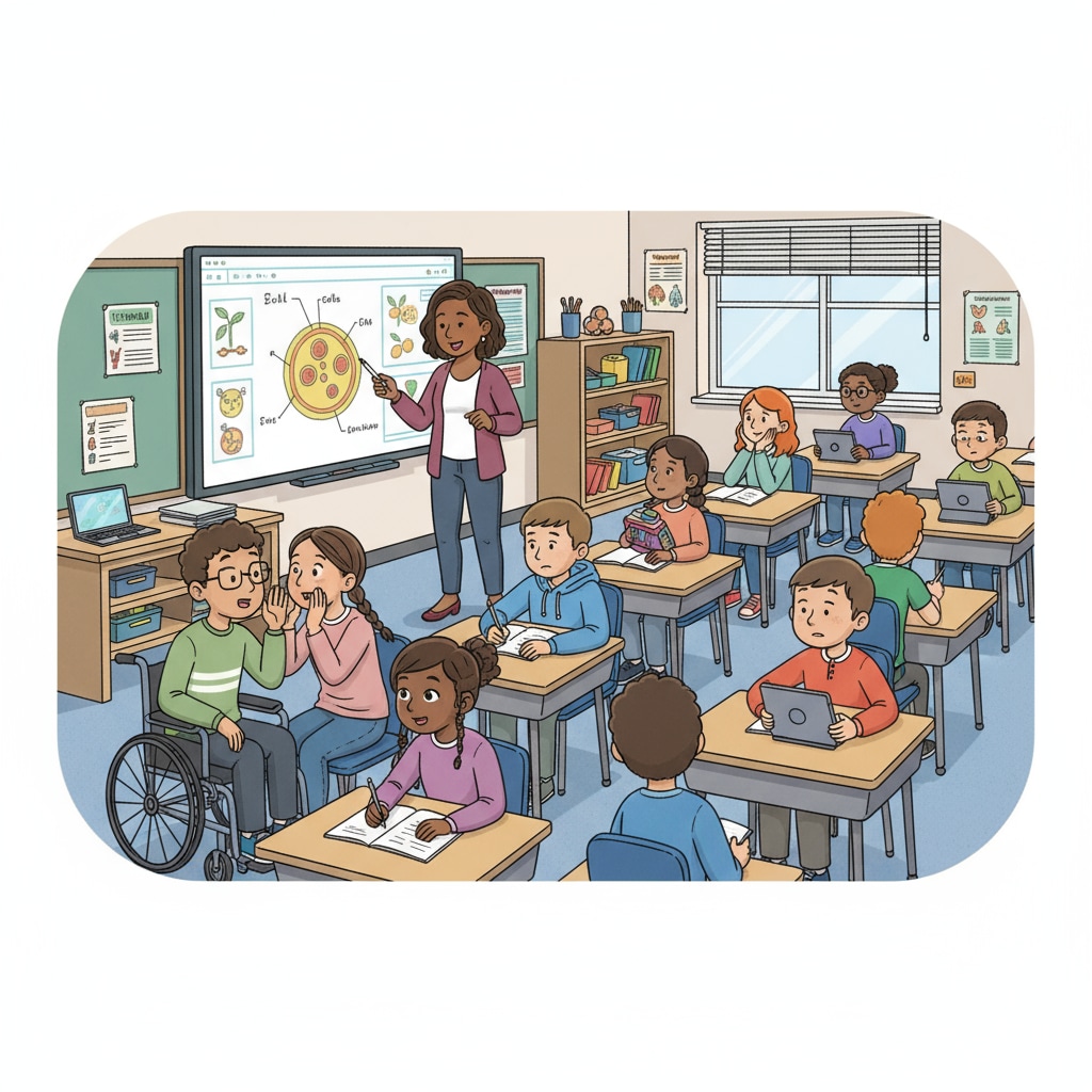 A group of students in a 7th - grade inclusive class. Some students are chatting or looking away while the teacher is giving instructions, indicating they are not following the instructions. Students not following instructions in a 7th - grade special education inclusive class