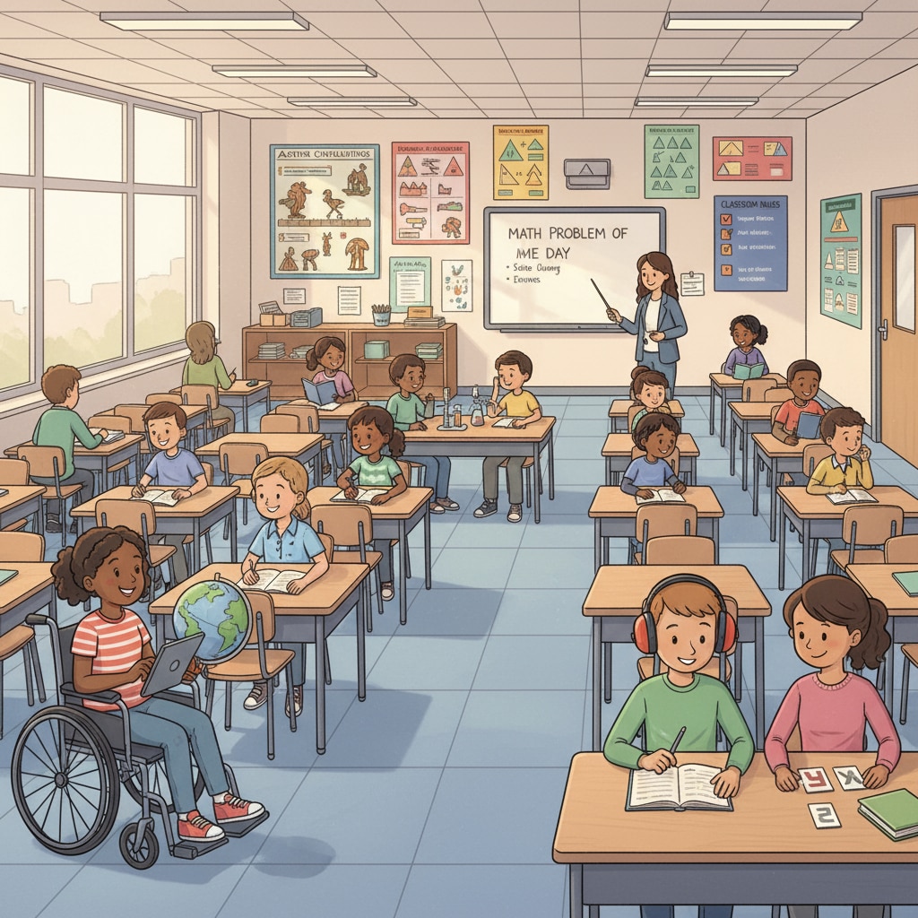 A 7th - grade inclusive classroom with desks arranged in an organized manner. There are visual cues like posters on the walls, and students are engaged in different activities with varying levels of focus. A structured 7th - grade special education inclusive classroom to address student non - compliance