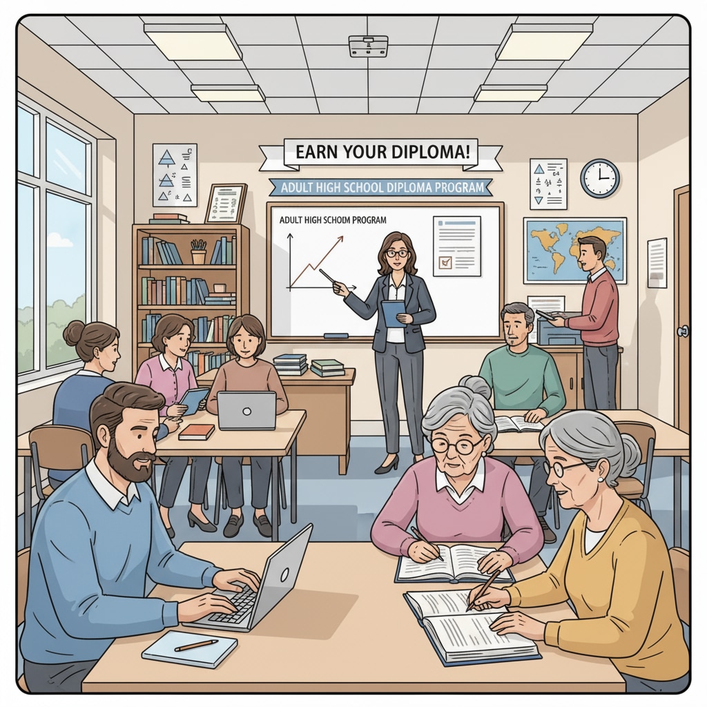 An image depicting adults in a classroom setting, engaged in learning activities to work towards their high school diplomas. Adults in a classroom for free high school education in adult education
