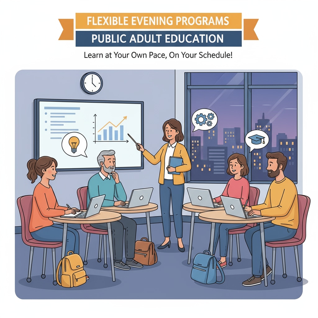 An illustration showing students attending evening classes at a community college, highlighting the flexibility of public adult education programs. Evening classes at a community college for adult free high school education