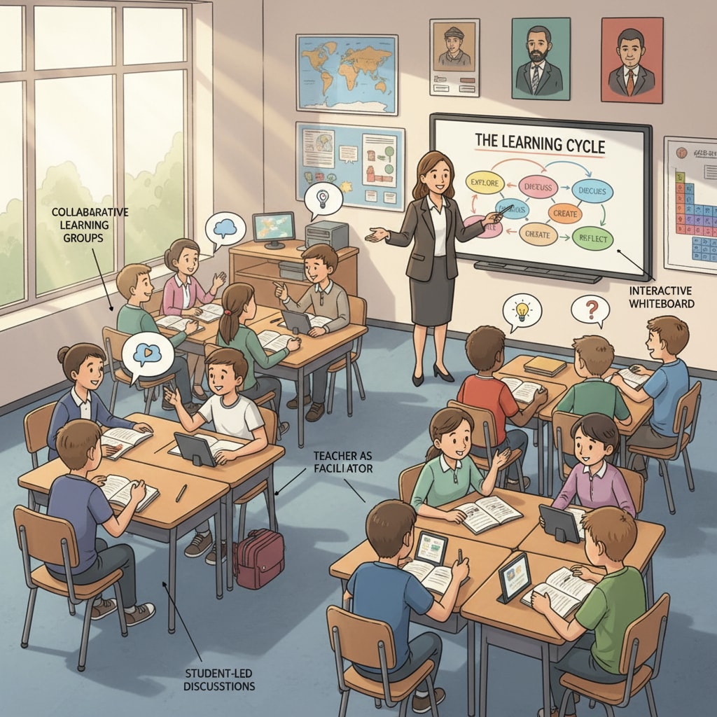 A classroom scene with students sitting at desks, actively participating in discussions and learning activities. The teacher is standing at the front, guiding the learning process. Classroom scene promoting education, lifelong learning, and success