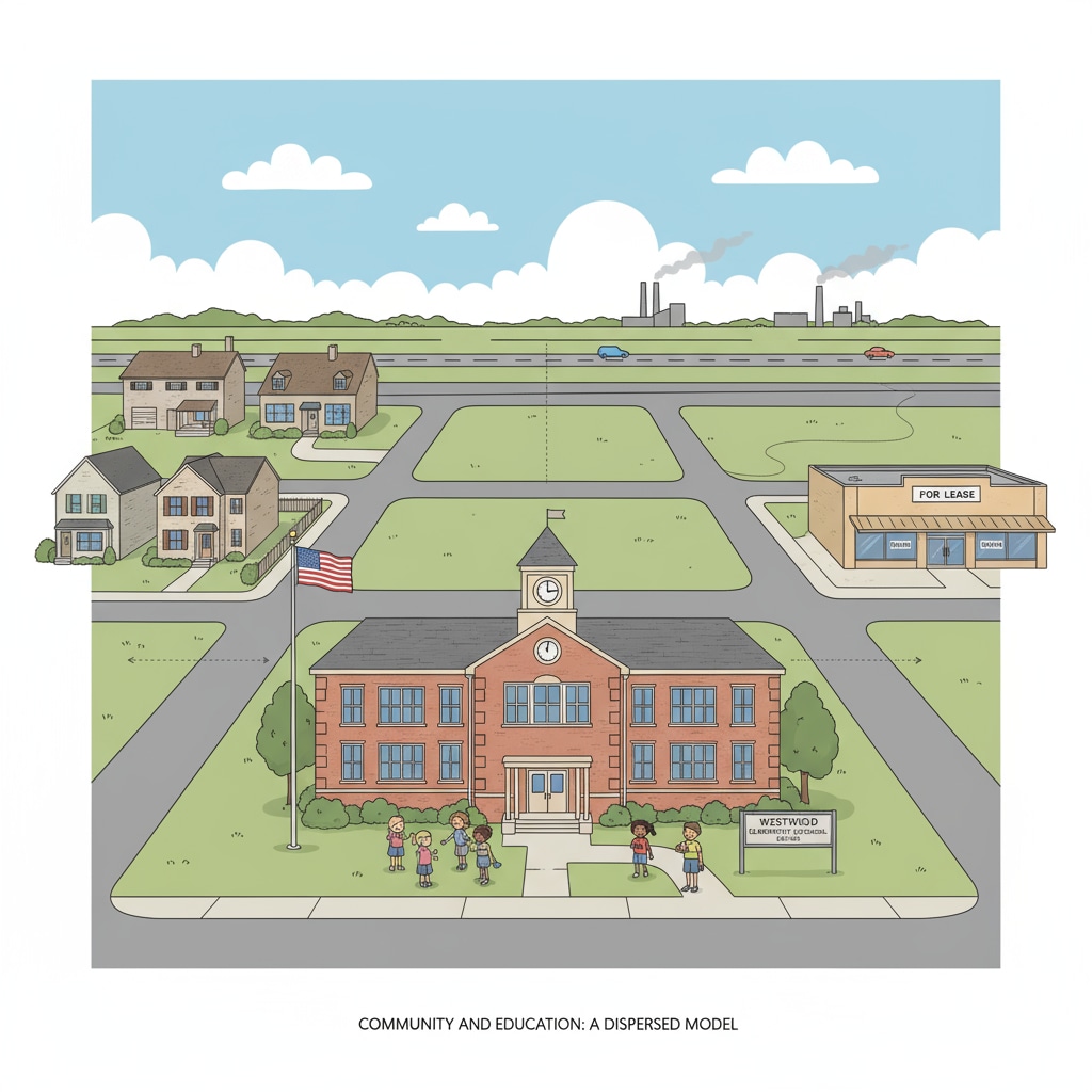 A visual representation of a small town public school standing alone, with the surrounding community looking somewhat disconnected. A small town public school showing signs of separation from the community in the context of public schools, community separation, and youth programs